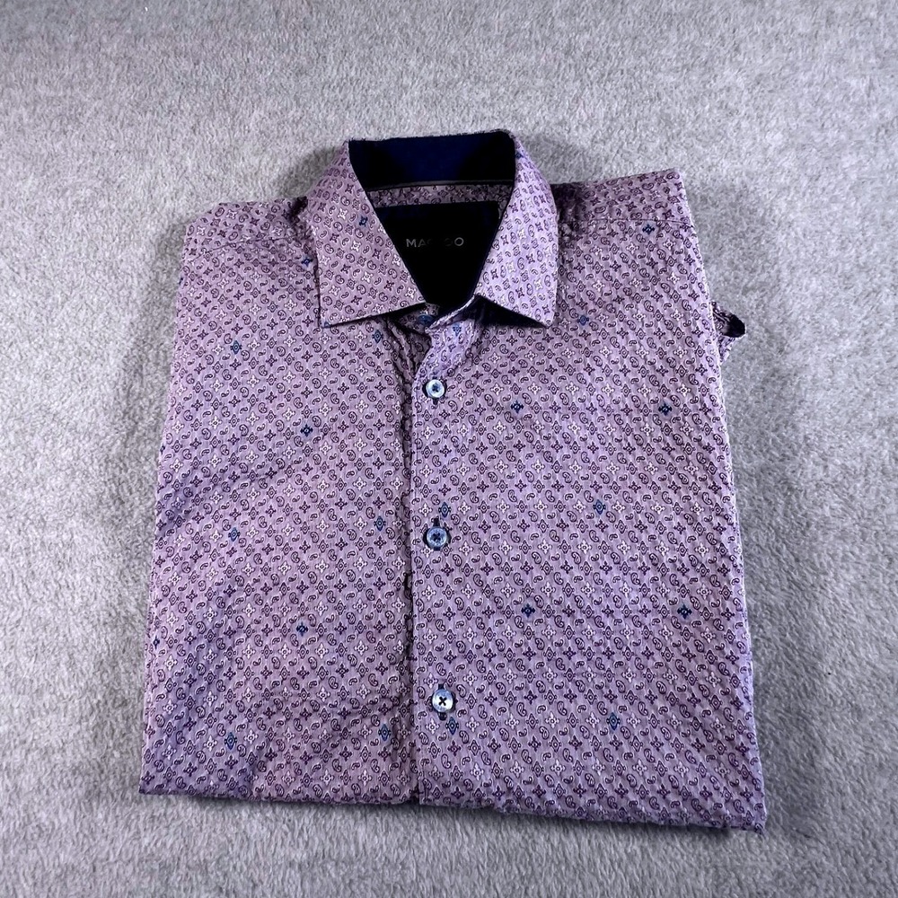 MACEOO Mens Purple Italian Jacquard Paisley Short Sleeve Button Down Shirt XL